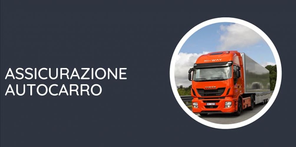 Sfondo grigio-bl con scritto in bianco a sinistra assicurazione autocarro ed a destra immagine di un camion arancione su strada in un cerchio